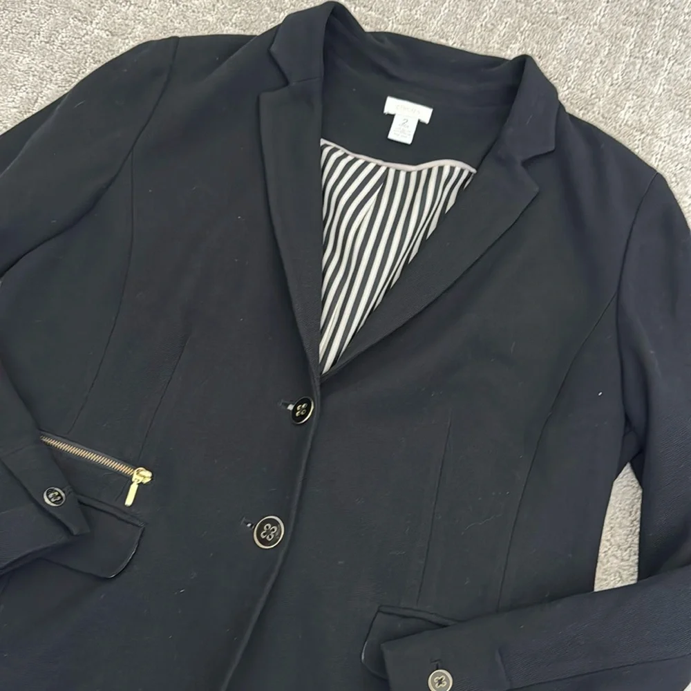 Chico’s knit pique black blazer enamel button gold tone hardware career workwear